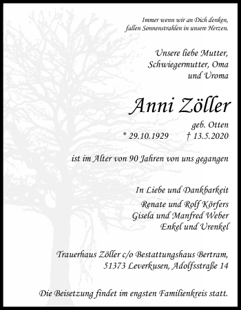 Anzeige von Anni Zier von Kölner Stadt-Anzeiger / Kölnische Rundschau / Express