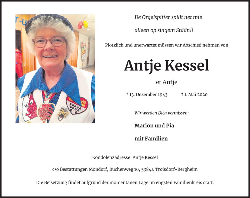  Traueranzeige für Antje Kessel vom 09.05.2020 aus Kölner Stadt-Anzeiger / Kölnische Rundschau / Express