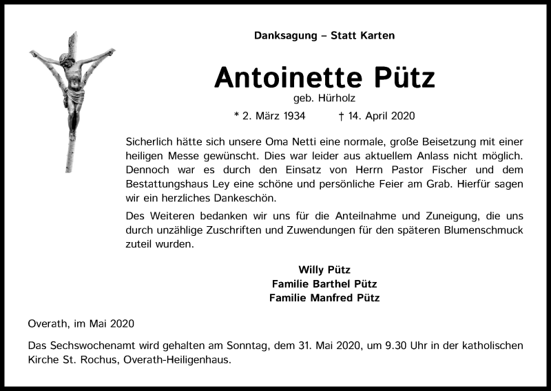  Traueranzeige für Antoinette Pütz vom 27.05.2020 aus Kölner Stadt-Anzeiger / Kölnische Rundschau / Express