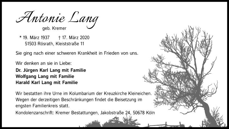  Traueranzeige für Antonie Lang vom 23.05.2020 aus Kölner Stadt-Anzeiger / Kölnische Rundschau / Express