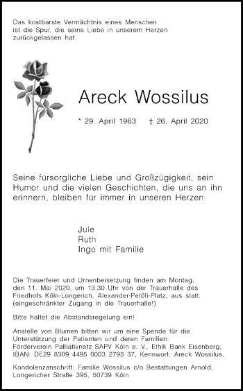 Anzeige von Areck Wossilus von Kölner Stadt-Anzeiger / Kölnische Rundschau / Express
