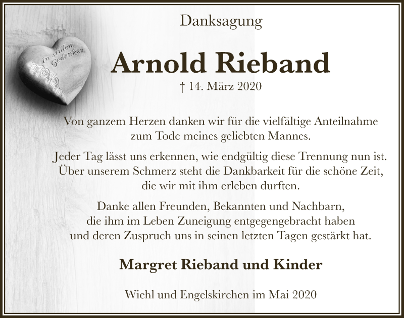  Traueranzeige für Arnold Rieband vom 08.05.2020 aus  Anzeigen Echo 