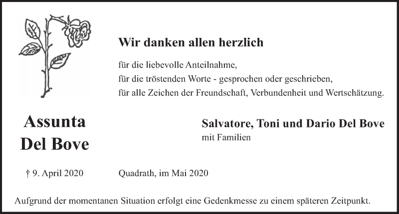  Traueranzeige für Assunta Del Bove vom 22.05.2020 aus  Werbepost 