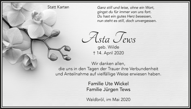  Traueranzeige für Asta Tews vom 29.05.2020 aus  Lokalanzeiger 