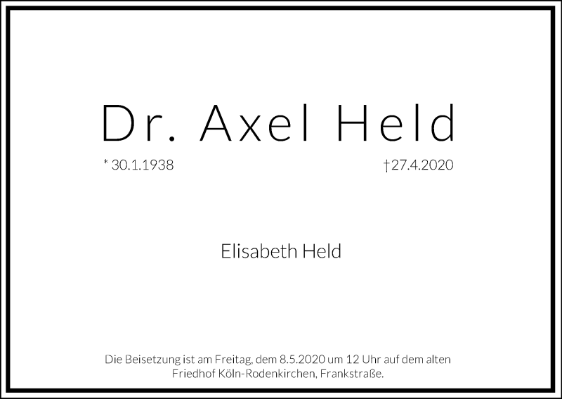  Traueranzeige für Axel Held vom 02.05.2020 aus Kölner Stadt-Anzeiger / Kölnische Rundschau / Express