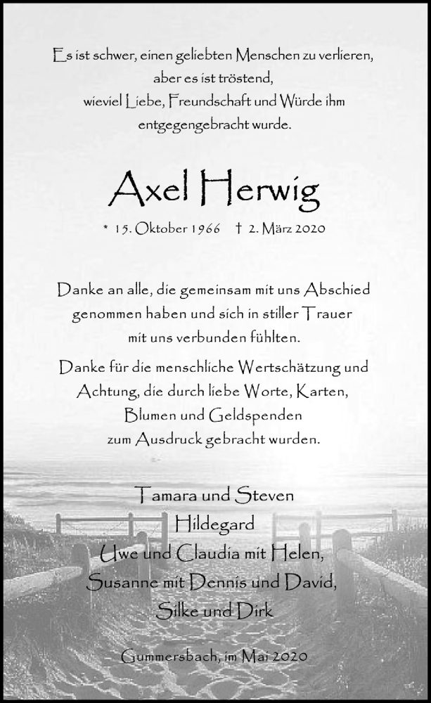  Traueranzeige für Axel Herwig vom 08.05.2020 aus  Anzeigen Echo 