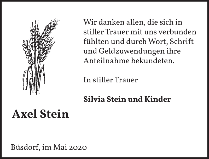  Traueranzeige für Axel Stein vom 29.05.2020 aus  Werbepost 