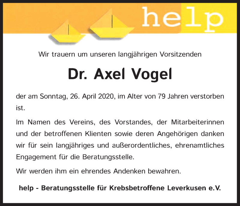  Traueranzeige für Axel Vogel vom 06.05.2020 aus Kölner Stadt-Anzeiger / Kölnische Rundschau / Express