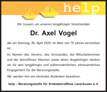 Anzeige von Axel Vogel von Kölner Stadt-Anzeiger / Kölnische Rundschau / Express