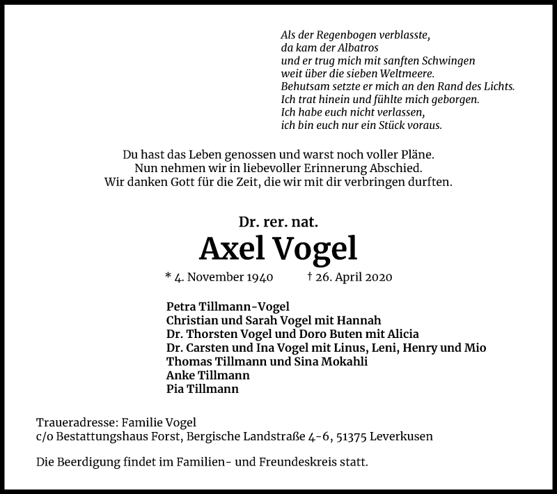  Traueranzeige für Axel Vogel vom 16.05.2020 aus Kölner Stadt-Anzeiger / Kölnische Rundschau / Express
