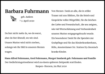Anzeige von Barbara Fuhrmann von Kölner Stadt-Anzeiger / Kölnische Rundschau / Express