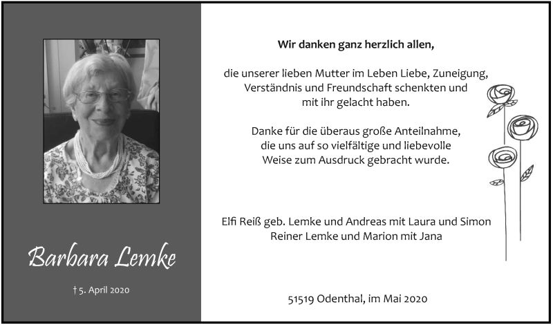  Traueranzeige für Barbara Lemke vom 15.05.2020 aus  Bergisches Handelsblatt 