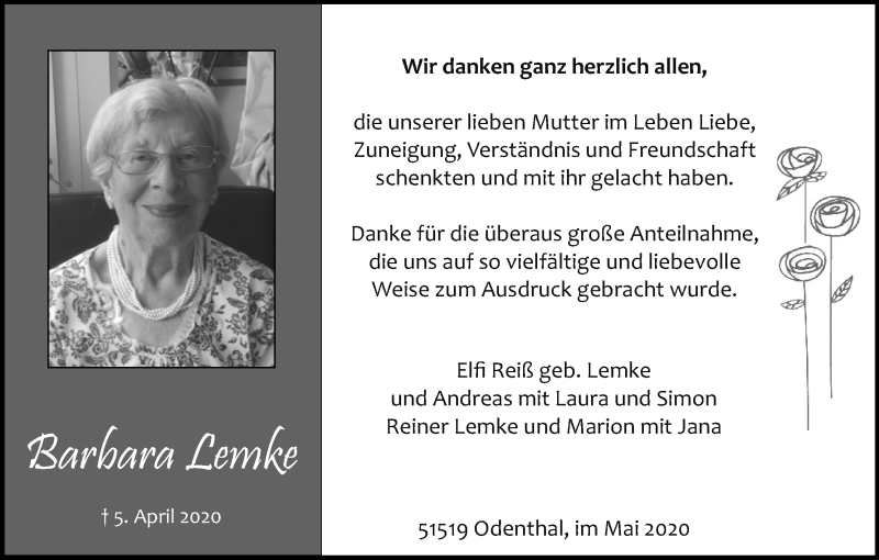  Traueranzeige für Barbara Lemke vom 16.05.2020 aus Kölner Stadt-Anzeiger / Kölnische Rundschau / Express