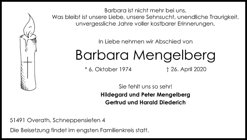  Traueranzeige für Barbara Mengelberg vom 09.05.2020 aus Kölner Stadt-Anzeiger / Kölnische Rundschau / Express