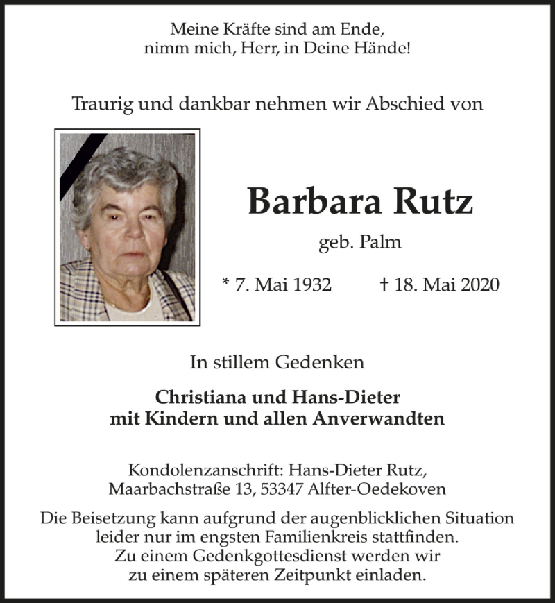  Traueranzeige für Barbara Rutz vom 29.05.2020 aus  Schlossbote/Werbekurier 