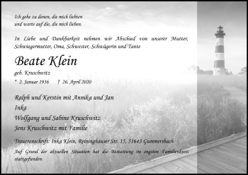 Anzeige von Beate Klein von Kölner Stadt-Anzeiger / Kölnische Rundschau / Express