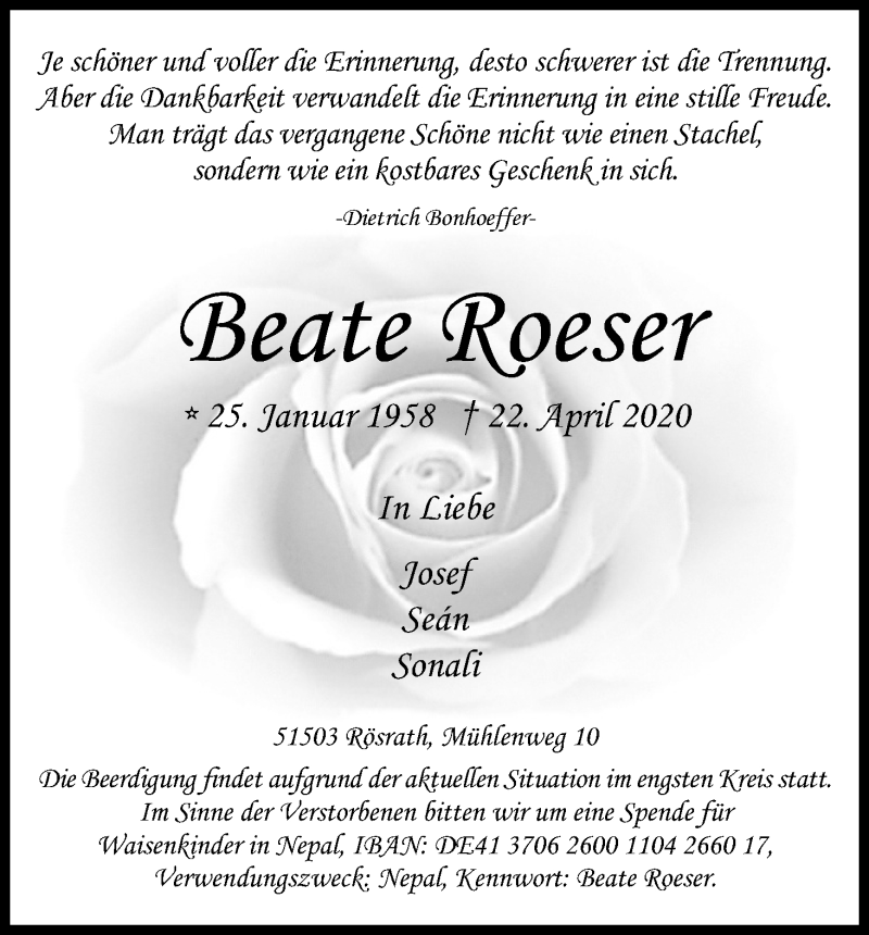  Traueranzeige für Beate Roeser vom 02.05.2020 aus Kölner Stadt-Anzeiger / Kölnische Rundschau / Express