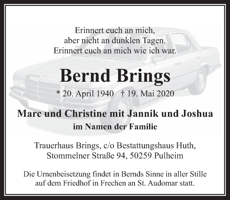  Traueranzeige für Bernd Brings vom 29.05.2020 aus  Werbepost 