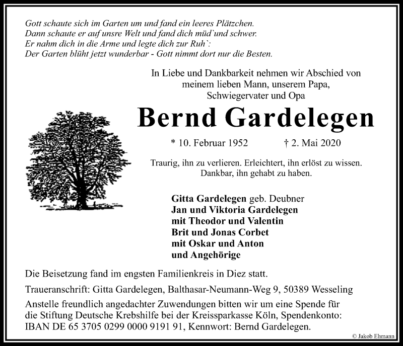  Traueranzeige für Bernd Gardelegen vom 15.05.2020 aus  Schlossbote/Werbekurier 