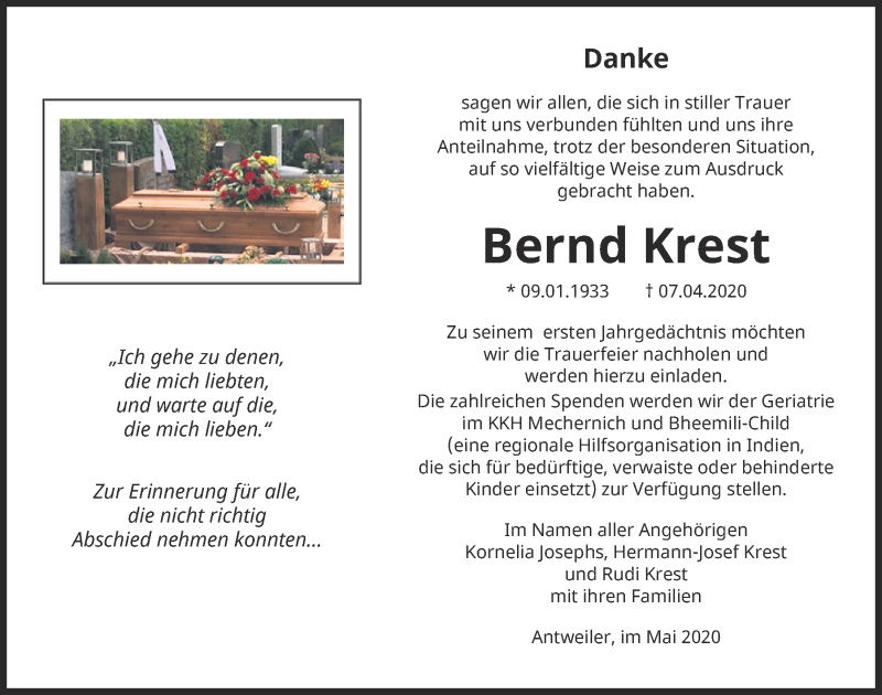  Traueranzeige für Bernd Krest vom 16.05.2020 aus  Blickpunkt Euskirchen 