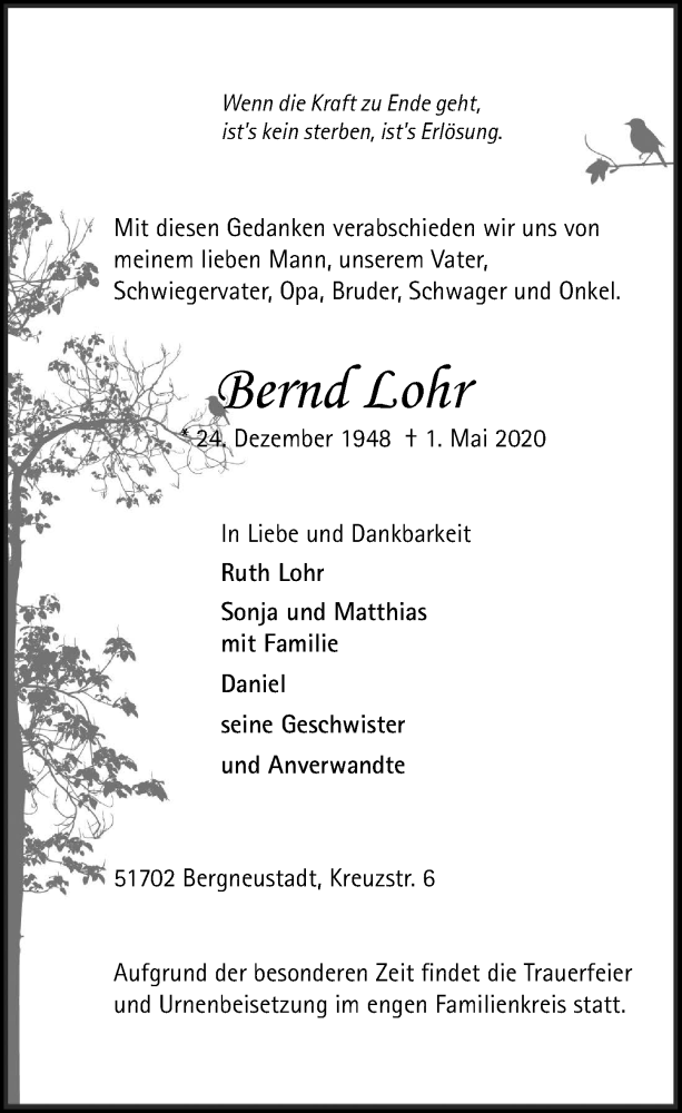  Traueranzeige für Bernd Lohr vom 08.05.2020 aus  Anzeigen Echo 