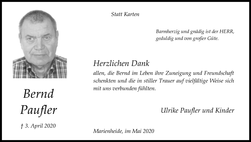  Traueranzeige für Bernd Paufler vom 30.05.2020 aus Kölner Stadt-Anzeiger / Kölnische Rundschau / Express