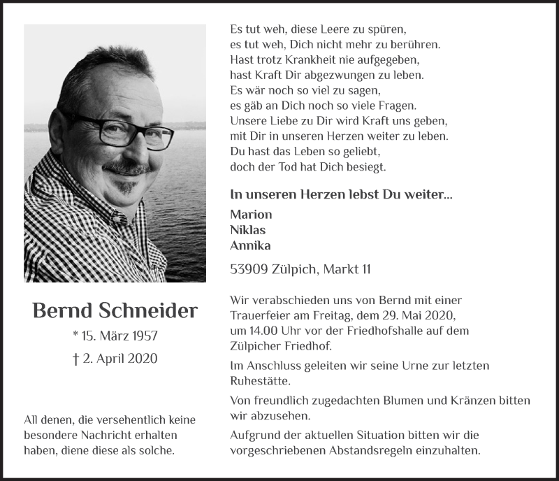  Traueranzeige für Bernd Schneider vom 23.05.2020 aus  Blickpunkt Euskirchen 