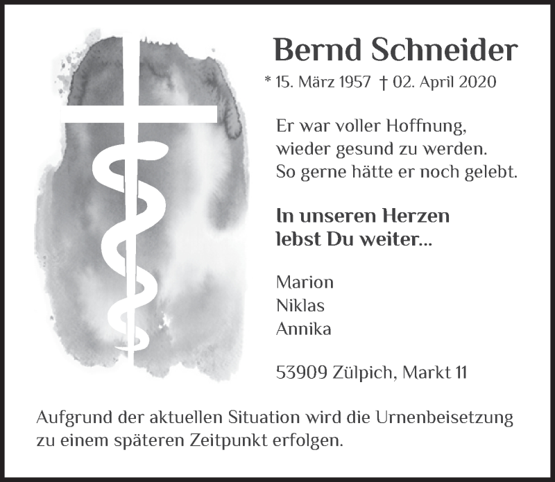  Traueranzeige für Bernd Schneider vom 02.05.2020 aus  Blickpunkt Euskirchen 