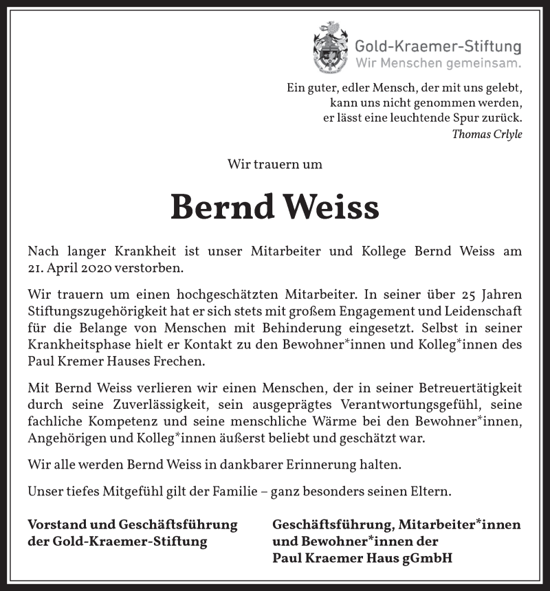  Traueranzeige für Bernd Weiss vom 15.05.2020 aus  Wochenende 