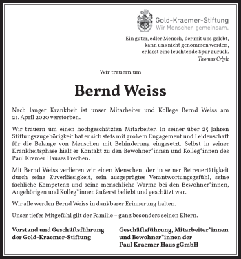 Anzeige von Bernd Weiss von  Wochenende 