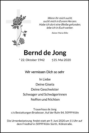 Anzeige von Bernd  de Jong von Kölner Stadt-Anzeiger / Kölnische Rundschau / Express