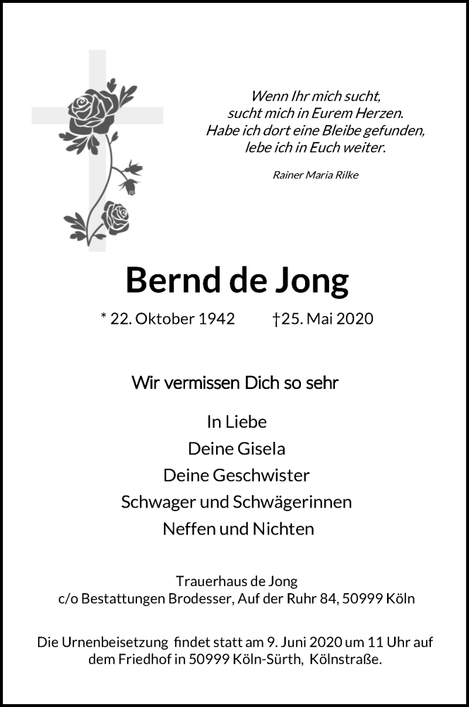  Traueranzeige für Bernd  de Jong vom 30.05.2020 aus Kölner Stadt-Anzeiger / Kölnische Rundschau / Express