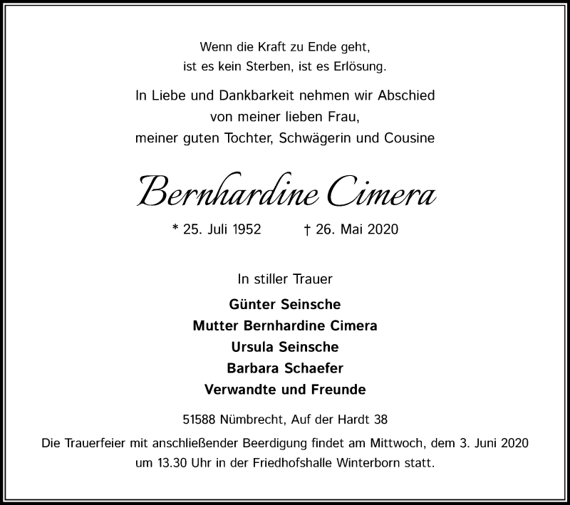 Traueranzeige für Bernhardine Cimera vom 30.05.2020 aus Kölner Stadt-Anzeiger / Kölnische Rundschau / Express