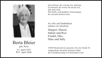 Anzeige von Berta Bleier von  Blickpunkt Euskirchen 