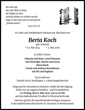 Anzeige von Berta Koch von Kölner Stadt-Anzeiger / Kölnische Rundschau / Express