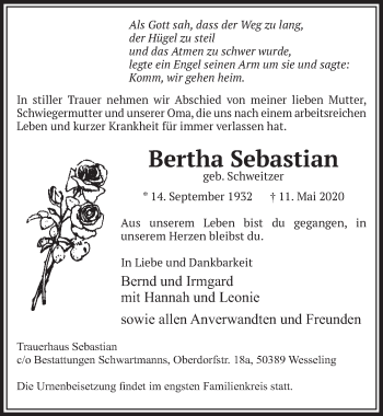 Anzeige von Bertha Sebastian von  Schlossbote/Werbekurier 