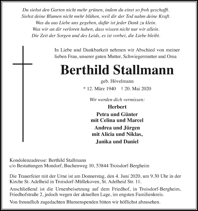  Traueranzeige für Berthild Stallmann vom 30.05.2020 aus Kölner Stadt-Anzeiger / Kölnische Rundschau / Express