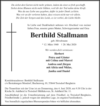Anzeige von Berthild Stallmann von Kölner Stadt-Anzeiger / Kölnische Rundschau / Express