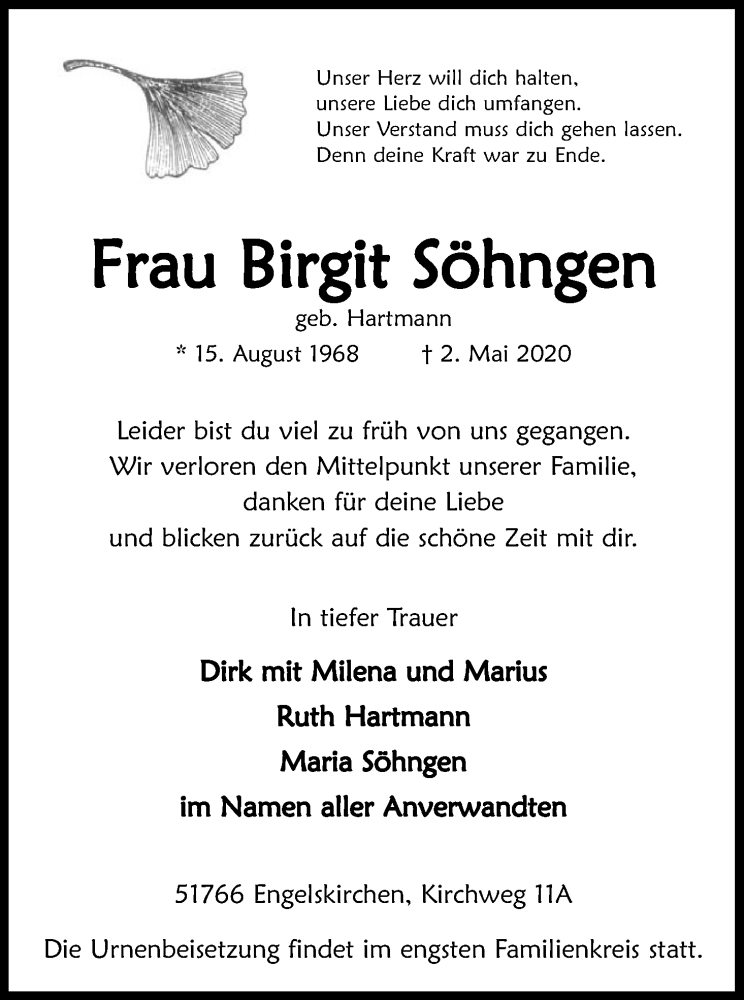  Traueranzeige für Birgit Söhngen vom 09.05.2020 aus Kölner Stadt-Anzeiger / Kölnische Rundschau / Express