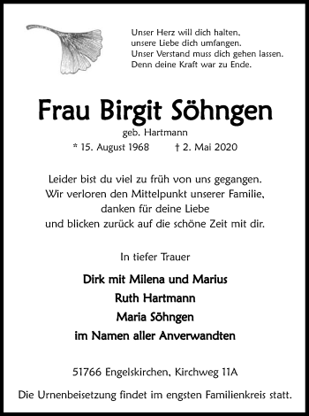 Anzeige von Birgit Söhngen von Kölner Stadt-Anzeiger / Kölnische Rundschau / Express