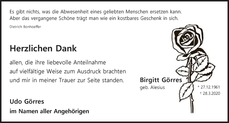 Traueranzeige für Birgitt Görres vom 16.05.2020 aus  Blickpunkt Euskirchen 