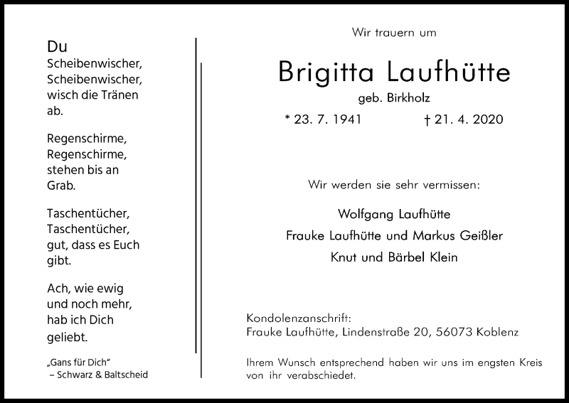  Traueranzeige für Brigitta Laufhütte vom 02.05.2020 aus Kölner Stadt-Anzeiger / Kölnische Rundschau / Express