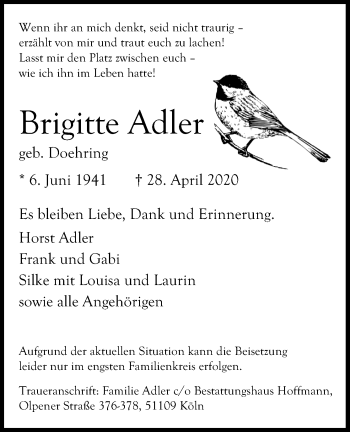 Anzeige von Brigitte Adler von Kölner Stadt-Anzeiger / Kölnische Rundschau / Express