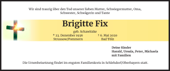 Anzeige von Brigitte Fix von Kölner Stadt-Anzeiger / Kölnische Rundschau / Express