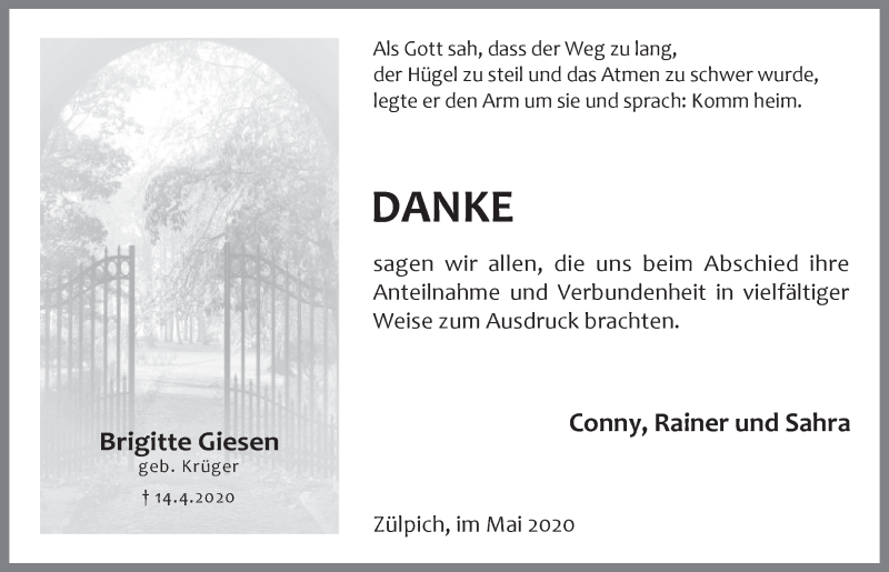  Traueranzeige für Brigitte Giesen vom 23.05.2020 aus  Blickpunkt Euskirchen 