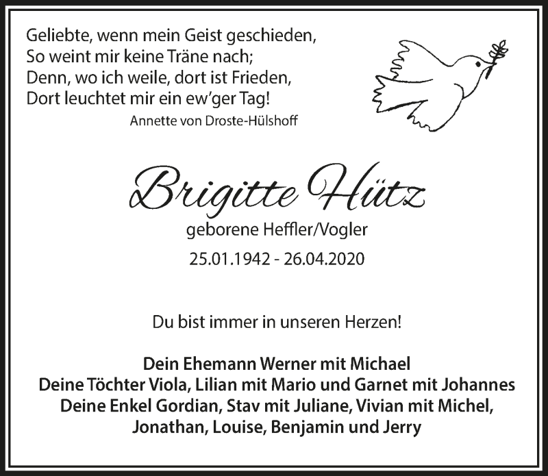  Traueranzeige für Brigitte Hütz vom 08.05.2020 aus  Bergisches Handelsblatt 