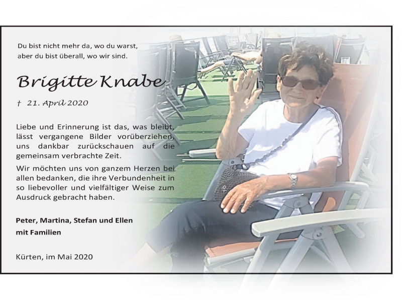  Traueranzeige für Brigitte Knabe vom 23.05.2020 aus Kölner Stadt-Anzeiger / Kölnische Rundschau / Express