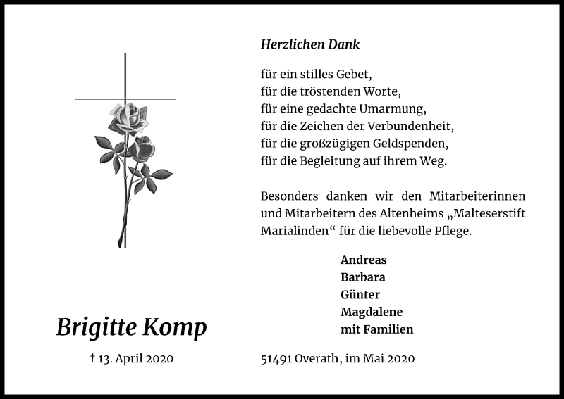  Traueranzeige für Brigitte Komp vom 23.05.2020 aus Kölner Stadt-Anzeiger / Kölnische Rundschau / Express