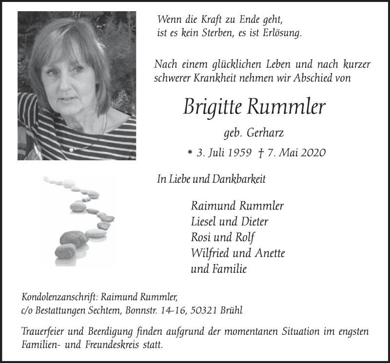  Traueranzeige für Brigitte Rummler vom 22.05.2020 aus  Schlossbote/Werbekurier 