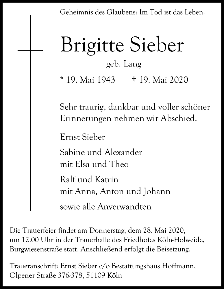 Traueranzeige für Brigitte Sieber vom 23.05.2020 aus Kölner Stadt-Anzeiger / Kölnische Rundschau / Express